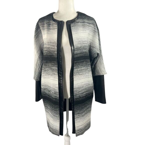 Parker  Coat w Lambs Leather Trim Black & White Stripes Size XSmall Oversized Wo - Picture 11 of 14